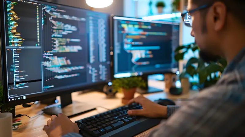 Man working with keyboard and monitor